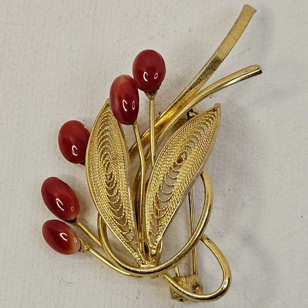 Gold Tone Vintage Filigree Red Beaded Brooch Unmarked Pin